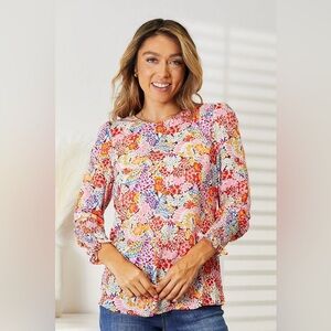Double Take Floral Print Long Puff Sleeve Blouse